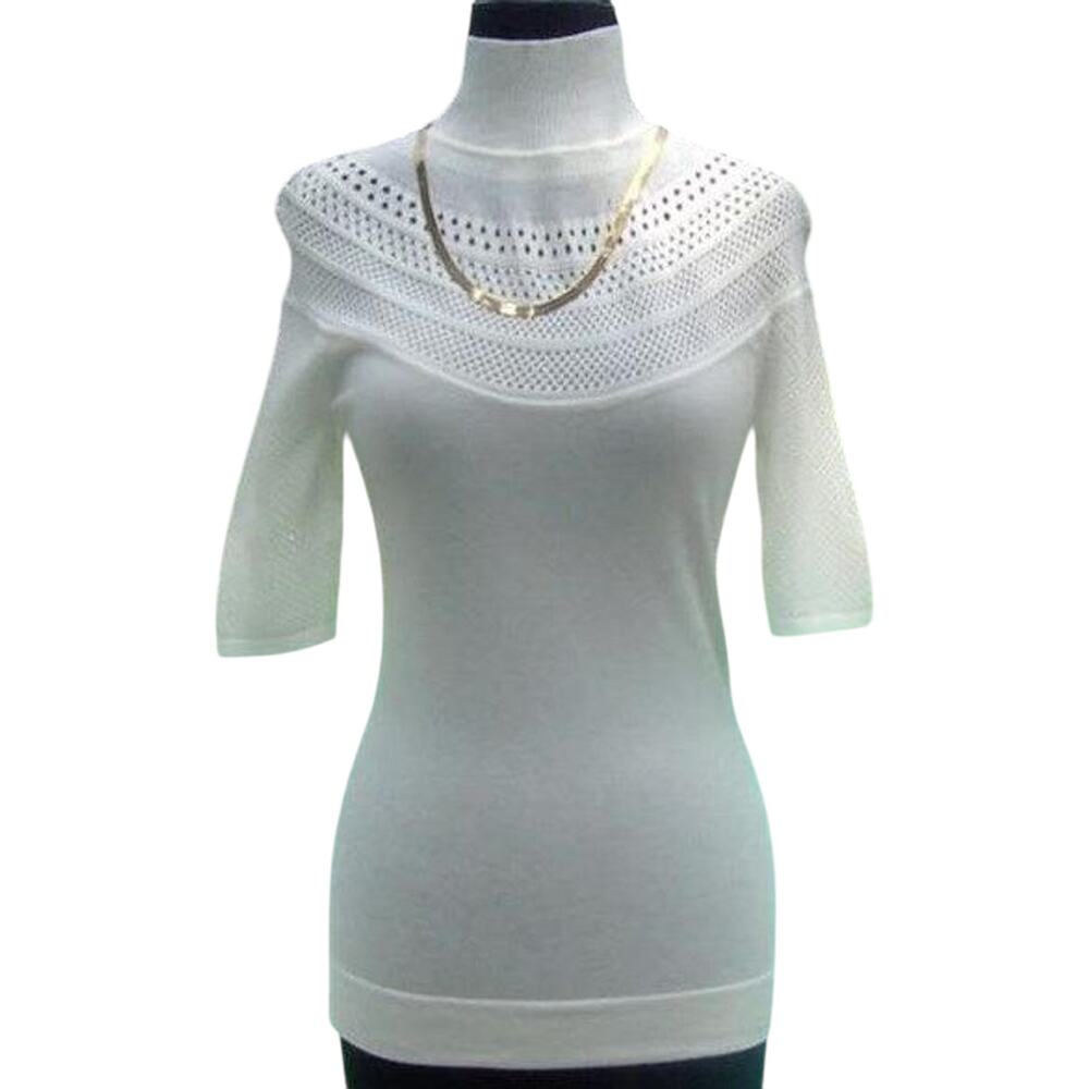 Cache Moc Neck Peek A Boo Pointelle Knit Stretch Top New Winter White NWT $88